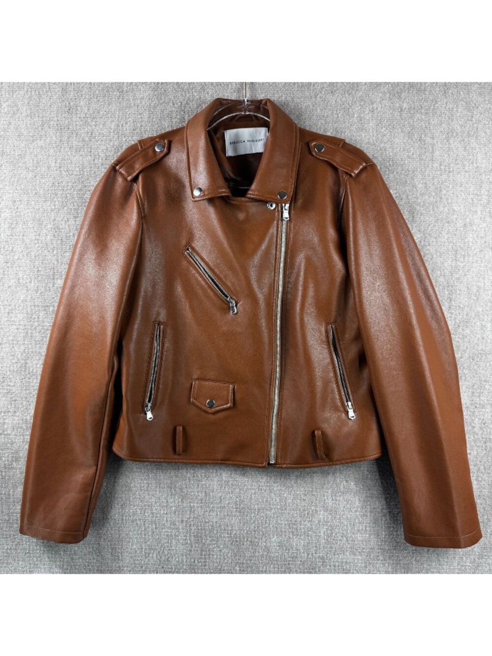 Rebecca Minkoff Moto Asymmetric Zip Biker Jacket L Cognac ASO Chrissy Tiegen